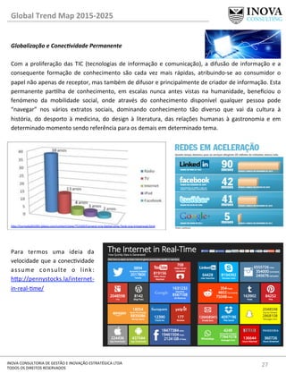 27	
  INOVA	
  CONSULTORIA	
  DE	
  GESTÃO	
  E	
  INOVAÇÃO	
  ESTRATÉGICA	
  LTDA	
  
TODOS	
  OS	
  DIREITOS	
  RESERVADOS	
  
Global	
  Trend	
  Map	
  2015-­‐2025	
  
Globalização	
  e	
  Conec@vidade	
  Permanente	
  
	
  
Com	
  a	
  proliferação	
  das	
  TIC	
  (tecnologias	
  de	
  informação	
  e	
  comunicação),	
  a	
  difusão	
  de	
  informação	
  e	
  a	
  
consequente	
   formação	
   de	
   conhecimento	
   são	
   cada	
   vez	
   mais	
   rápidas,	
   atribuindo-­‐se	
   ao	
   consumidor	
   o	
  
papel	
  não	
  apenas	
  de	
  receptor,	
  mas	
  também	
  de	
  difusor	
  e	
  principalmente	
  de	
  criador	
  de	
  informação.	
  Esta	
  
permanente	
   parlha	
   de	
   conhecimento,	
   em	
   escalas	
   nunca	
   antes	
   vistas	
   na	
   humanidade,	
   beneﬁciou	
   o	
  
fenómeno	
   da	
   mobilidade	
   social,	
   onde	
   através	
   do	
   conhecimento	
   disponível	
   qualquer	
   pessoa	
   pode	
  
“navegar”	
   nos	
   vários	
   extratos	
   sociais,	
   dominando	
   conhecimento	
   tão	
   diverso	
   que	
   vai	
   da	
   cultura	
   à	
  
história,	
   do	
   desporto	
   à	
   medicina,	
   do	
   design	
   à	
   literatura,	
   das	
   relações	
   humanas	
   à	
   gastronomia	
   e	
   em	
  
determinado	
  momento	
  sendo	
  referência	
  para	
  os	
  demais	
  em	
  determinado	
  tema.	
  
	
  
	
  
	
  
	
  
	
  
	
  
	
  
	
  
	
  
	
  
	
  
h„p://turma4a201001.bligoo.com/content/view/753169/Converg-­‐ncia-­‐Digital-­‐Uma-­‐Tend-­‐ncia-­‐Irreversivel.html	
  	
  
Para	
   termos	
   uma	
   ideia	
   da	
  
velocidade	
  que	
  a	
  conecvidade	
  
assume	
   consulte	
   o	
   link:	
  
h„p://pennystocks.la/internet-­‐
in-­‐real-­‐me/	
  	
  
 