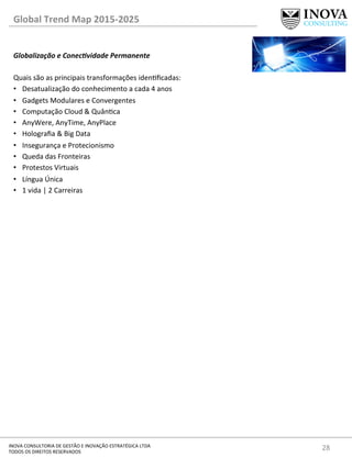 28	
  INOVA	
  CONSULTORIA	
  DE	
  GESTÃO	
  E	
  INOVAÇÃO	
  ESTRATÉGICA	
  LTDA	
  
TODOS	
  OS	
  DIREITOS	
  RESERVADOS	
  
Global	
  Trend	
  Map	
  2015-­‐2025	
  
Globalização	
  e	
  Conec@vidade	
  Permanente	
  
	
  
Quais	
  são	
  as	
  principais	
  transformações	
  idenﬁcadas:	
  
•  Desatualização	
  do	
  conhecimento	
  a	
  cada	
  4	
  anos	
  
•  Gadgets	
  Modulares	
  e	
  Convergentes	
  
•  Computação	
  Cloud	
  &	
  Quânca	
  
•  AnyWere,	
  AnyTime,	
  AnyPlace	
  
•  Holograﬁa	
  &	
  Big	
  Data	
  
•  Insegurança	
  e	
  Protecionismo	
  
•  Queda	
  das	
  Fronteiras	
  
•  Protestos	
  Virtuais	
  
•  Língua	
  Única	
  
•  1	
  vida	
  |	
  2	
  Carreiras	
  
	
  
	
  
	
  
	
  
	
  
	
  
	
  
	
  
	
  
 