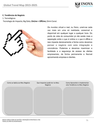 76	
  INOVA	
  CONSULTORIA	
  DE	
  GESTÃO	
  E	
  INOVAÇÃO	
  ESTRATÉGICA	
  LTDA	
  
TODOS	
  OS	
  DIREITOS	
  RESERVADOS	
  
C.	
  Tendências	
  de	
  Negócio	
  
1.	
  Tecnológicas	
  
	
  Tecnologia	
  de	
  Impacto;	
  Big	
  Data;	
  OnLine	
  =	
  OﬀLine;	
  Omni	
  Canal.	
  
	
  
Global	
  Trend	
  Map	
  2015-­‐2025	
  
Como	
  se	
  Aplica	
  ao	
  Meu	
  Negócio	
   Que	
  Impactos	
  pode	
  ter	
  no	
  Meu	
  
Negócio	
  
Como	
  Aproveitar	
  e	
  Implementar	
  
esta	
  Tendência	
  no	
  Meu	
  Negócio	
  
Os mundos virtual e real, ou físico, unem-se cada
vez mais em uma só realidade, acessível e
disponível em qualquer lugar a qualquer hora. Do
ponto de vista do consumidor já não existe mais a
separação entre o que é online e o que é offline e
isso impacta decisivamente a forma como devemos
pensar o negócio com esta integração e
convivência. Podemos e devemos maximizar a
facilidade e a segurança de acesso ás ofertas
empresariais, de forma permanente e flexível
aproximando empresa e clientes.
 