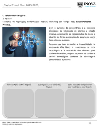 81	
  INOVA	
  CONSULTORIA	
  DE	
  GESTÃO	
  E	
  INOVAÇÃO	
  ESTRATÉGICA	
  LTDA	
  
TODOS	
  OS	
  DIREITOS	
  RESERVADOS	
  
C.	
  Tendências	
  de	
  Negócio	
  
2.	
  Relação	
  
Economia	
   da	
   Reputação;	
   Customização	
   Radical;	
   Markeng	
   em	
   Tempo	
   Real;	
   Relacionamento	
  
ProaQvo.	
  
	
  
Global	
  Trend	
  Map	
  2015-­‐2025	
  
Como	
  se	
  Aplica	
  ao	
  Meu	
  Negócio	
   Que	
  Impactos	
  pode	
  ter	
  no	
  Meu	
  
Negócio	
  
Como	
  Aproveitar	
  e	
  Implementar	
  
esta	
  Tendência	
  no	
  Meu	
  Negócio	
  
Com o aumento da concorrência e a crescente
dificuldade de fidelização de clientes a relação
proativa, antecipando as necessidades do cliente e
atuando de forma personalizada assume-se como
fator critico de sucesso.
Devemos por isso aproveitar a disponibilidade da
informação (Big Data), o crescimento da onda
tecnológica e a exposição dos clientes para
conhecê-los melhor, mapear os pontos de contato e
definir estratégias corretas de abordagem
personalizada e proativa.
 