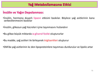 Yağ Metabolizmasına Etkisi
İnsülin ve Yağın Depolanması:
•İnsülin, hormona duyarlı lipazın etkisini baskılar. Böylece yağ asitlerinin kana
serbestlenmesini baskılar
•İnsülin, glikozun yağ hücreleri içine taşınmasını hızlandırır
•Bu glikoz büyük miktarda α-gliserol fosfat oluştururlar
•Bu madde, yağ asitleri ile birleşerek trigliseritleri oluşturur
•DM’da yağ asitlerinin kc den lipoproteinlere taşınması durdurulur ve lipoliz artar
16
 