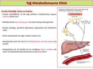 Yağ Metabolizmasına Etkisi
İnsülin Eksikliği, Ketoz ve Asidoz:
–İnsülin eksikliğinde, kc de yağ asitlerini mitokondriye taşıyan
karnitin aktive olur
–Mitokondride beta oksidasyon ile asetil-CoA’ya dönüştürülür
–İnsülin yokluğu, periferik dokularda asetoasetik asit tüketimini
önler
–Artan asetoasetik asit ağır asidoza neden olur
–Asetoasetik asitin bir kısmı β-hidroksibütirik asit ve asetona da
çevrilir
–Asetoatetik asit ile birlikte bu iki maddeye keton cisimleri adı
verilir ve dokularda fazla bulunmasına da ketoz denir
18
 
