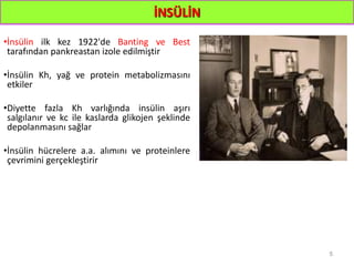 İNSÜLİN
•İnsülin ilk kez 1922'de Banting ve Best
tarafından pankreastan izole edilmiştir
•İnsülin Kh, yağ ve protein metabolizmasını
etkiler
•Diyette fazla Kh varlığında insülin aşırı
salgılanır ve kc ile kaslarda glikojen şeklinde
depolanmasını sağlar
•İnsülin hücrelere a.a. alımını ve proteinlere
çevrimini gerçekleştirir
5
 