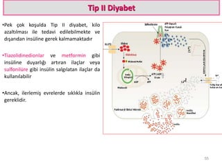 Tip II Diyabet
•Pek çok koşulda Tip II diyabet, kilo
azaltılması ile tedavi edilebilmekte ve
dışarıdan insüline gerek kalmamaktadır
•Tiazolidinedionlar ve metformin gibi
insüline duyarlığı artıran ilaçlar veya
sulfonilüre gibi insülin salgılatan ilaçlar da
kullanılabilir
•Ancak, ilerlemiş evrelerde sıklıkla insülin
gereklidir.
55
 
