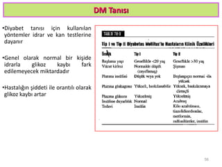 DM Tanısı
•Diyabet tanısı için kullanılan
yöntemler idrar ve kan testlerine
dayanır
•Genel olarak normal bir kişide
idrarla glikoz kaybı fark
edilemeyecek miktardadır
•Hastalığın şiddeti ile orantılı olarak
glikoz kaybı artar
56
 