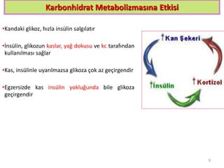 Karbonhidrat Metabolizmasına Etkisi
•Kandaki glikoz, hızla insülin salgılatır
•İnsülin, glikozun kaslar, yağ dokusu ve kc tarafından
kullanılması sağlar
•Kas, insülinle uyarılmazsa glikoza çok az geçirgendir
•Egzersizde kas insülin yokluğunda bile glikoza
geçirgendir
9
 