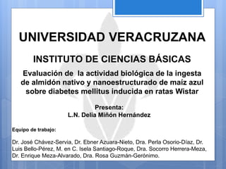 UNIVERSIDAD VERACRUZANA
INSTITUTO DE CIENCIAS BÁSICAS
Presenta:
L.N. Delia Miñón Hernández
Evaluación de la actividad biológica de la ingesta
de almidón nativo y nanoestructurado de maíz azul
sobre diabetes mellitus inducida en ratas Wistar
Equipo de trabajo:
Dr. José Chávez-Servia, Dr. Ebner Azuara-Nieto, Dra. Perla Osorio-Díaz, Dr.
Luis Bello-Pérez, M. en C. Isela Santiago-Roque, Dra. Socorro Herrera-Meza,
Dr. Enrique Meza-Alvarado, Dra. Rosa Guzmán-Gerónimo.
 