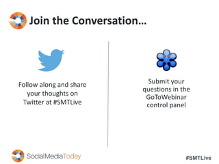 #SMTLive
Join the Conversation…
Follow along and share
your thoughts on
Twitter at #SMTLive
Submit your
questions in the
GoToWebinar
control panel
 