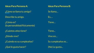 Ideas Para Persona A:
¿Cómo se llama tu amigo?
Describe tu amigo.
¿Cómo es?
(la personalidad/físicamente)
¿Cuántos años tiene?
¿Dónde vive?
¿Cuándo es su cumpleaños?
¿Qué le gusta hacer?
Ideas Para Persona B:
Se llama…
Es….
Tiene…
.
Tiene...
Vive en…
Su cumpleaños es…
(No) Le gusta...
 