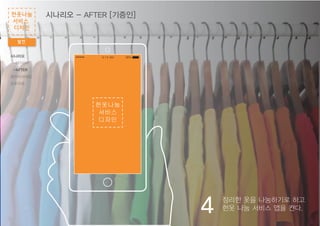 4
헌옷나눔
서비스
디자인
9:13 AM 98%
정리한 옷을 나눔하기로 하고
헌옷 나눔 서비스 앱을 켠다.
시나리오 - AFTER [기증인]
발전
헌옷나눔
서비스
디자인
시나리오
-BEFORE
-AFTER
와이어프레임
프로덕트
 