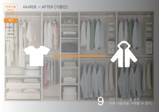 9 모은 마일리지를 통해
다른 나눔옷을 구매할 수 있다.
시나리오 - AFTER [기증인]
발전
헌옷나눔
서비스
디자인
시나리오
-BEFORE
-AFTER
와이어프레임
패키지
 