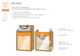 BOX 디자인
발전
헌옷나눔
서비스
디자인
시나리오
-BEFORE
-AFTER
와이어프레임
패키지
Letter x Cloth = One Sharing Box
편지 봉투 형태의 상자 안에 사연과 옷을 함께 넣어 기부하고 기부를 받는 박스 디자인.
1. 기부자와 기부 받는 사람사이의 박스 순환
2. DP시에 손쉽게 사연과 옷을 함께 볼 수 있음
3. 편지를 보낸다. 옷을 보낸다. 그리고 함께 나눈다 라는 나눔서비의 특징을 반영
4. 구멍에 끈을 연결하여 손쉽게 이동 가능
5. 어깨에 메고 다닐 수 있는 형식으로 홍보 및 참여 효과를 낼 수 있음
1년 전에 입었던 옷인데,
더이상 제 몸에 들어가지 않아 옷장에 있던 아이에요 ㅜㅜ
목 부분은 늘어나지 않게 주의 해서 입었던 아이랍니다~
160cm키에 넉넉하게 입을 수 있으며 얇은 줄무늬로
저는 나름대로 어떤 코디에든 잘 어울리게 활용적으로 입었던 것 같네요!
박스의 구멍으로
끈, 줄을 연결하여 어깨에 맬 수 있음
투명한 부분으로
옷을 볼 수 있으며 사연을
투명한 앞 주머니에 넣을 수 있음
쇼핑백처럼 접을 수 있어
보관하기 용이함
편지형태의 동봉 부분
 