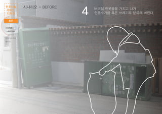 헌옷수거함 혹은 쓰레기로 분류해 버린다. 버려질 헌옷들을 가지고 나가
헌옷수거함 혹은 쓰레기로 분류해 버린다.4
발전
헌옷나눔
서비스
디자인
시나리오 - BEFORE
시나리오
-BEFORE
-AFTER
와이어프레임
패키지
 