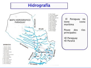 El Paraguay no
tiene costa
marítima
Posee dos ríos
principales:
•El Paraguay
•El Paraná
 