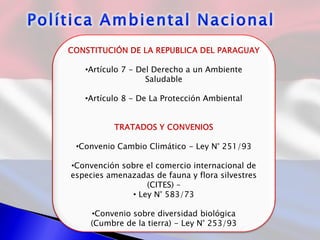 •Artículo 7 - Del Derecho a un Ambiente
Saludable
•Artículo 8 - De La Protección Ambiental
•Convenio Cambio Climático - Ley N° 251/93
•Convención sobre el comercio internacional de
especies amenazadas de fauna y flora silvestres
(CITES) –
• Ley N° 583/73
•Convenio sobre diversidad biológica
(Cumbre de la tierra) - Ley N° 253/93
 
