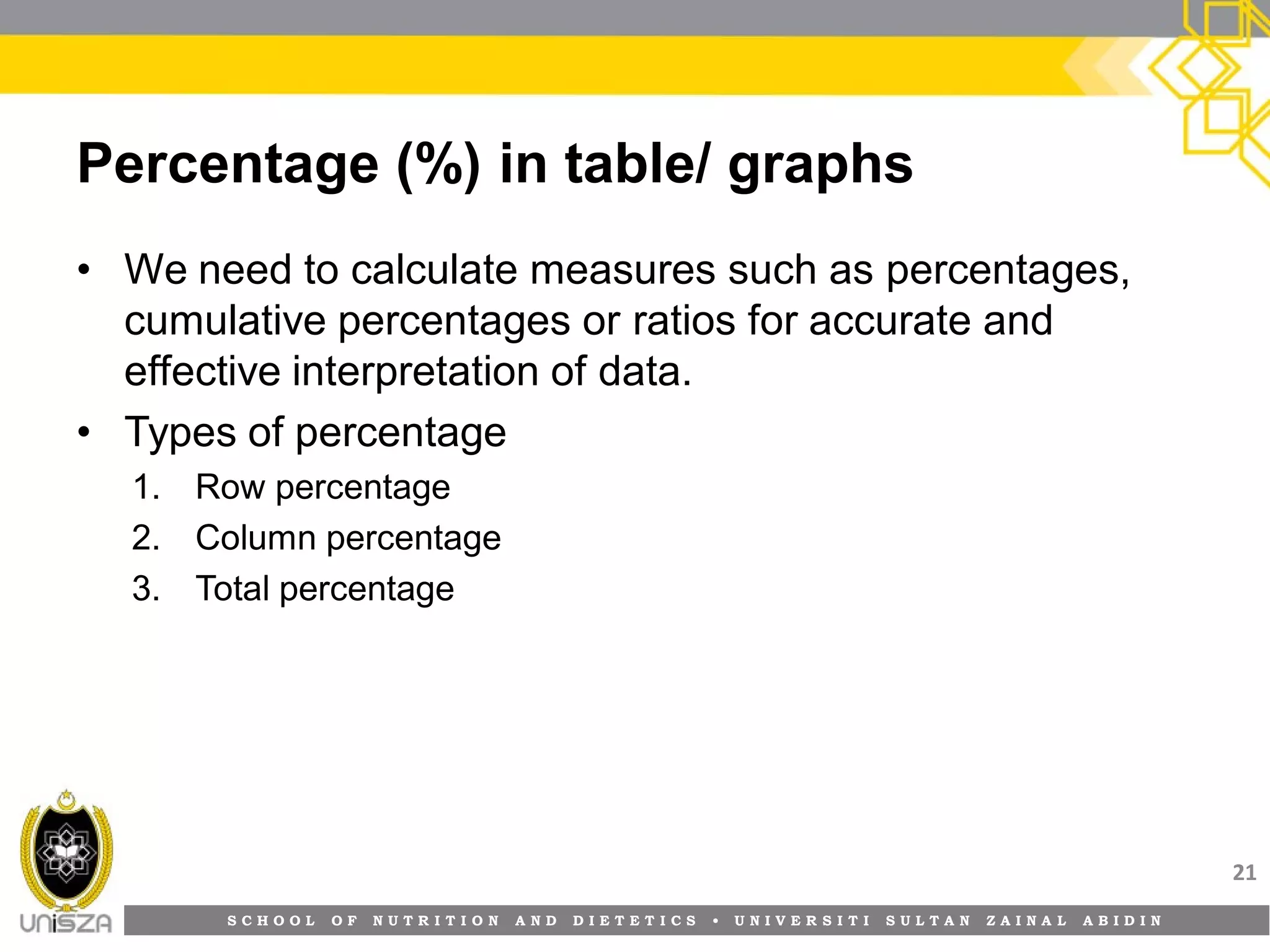 S C H O O L O F N U T R I T I O N A N D D I E T E T I C S • U N I V E R S I T I S U L T A N Z A I N A L A B I D I N
Percentage (%) in table/ graphs
• We need to calculate measures such as percentages,
cumulative percentages or ratios for accurate and
effective interpretation of data.
• Types of percentage
1. Row percentage
2. Column percentage
3. Total percentage
21
 