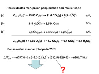 Reaksi di atas merupakan penjumlahan dari reaksi2 sbb.:
C11,6H17(l) + 15,85 O2(g)  11,6 CO2(g) + 8,5 H2O(l)
8,5 H2O(l)  8,5 H2O(g)
0,4 CO2(g)  0,4 CO(g) + 0,2 O2(g)
Panas reaksi standar total pada 25C:
      J.,.,..H 74063094098428258012440406797298  
C11,6H17(l) + 15,65 O2(g)  11,2 CO2(g) + 0,4 CO(g) + 8,5 H2O(g)
Ha
Hb
Hc
(a)
(b)
(c)
?
 