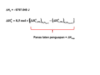 Ha = - 6797.040 J
   
   
 liquid2gas2 OH
0
298,fOH
0
298,f
0
b HHmol5,8H 
Panas laten penguapan = Hvap
 