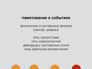 памятование о событиях
физические и умственные явления
(санскр. дхармы)
пять препятствий
пять совокупностей
двенадцать чувственных основ
семь факторов просветления
 