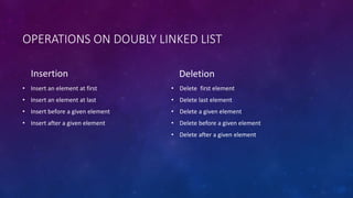 OPERATIONS ON DOUBLY LINKED LIST
Insertion
• Insert an element at first
• Insert an element at last
• Insert before a given element
• Insert after a given element
Deletion
• Delete first element
• Delete last element
• Delete a given element
• Delete before a given element
• Delete after a given element
 