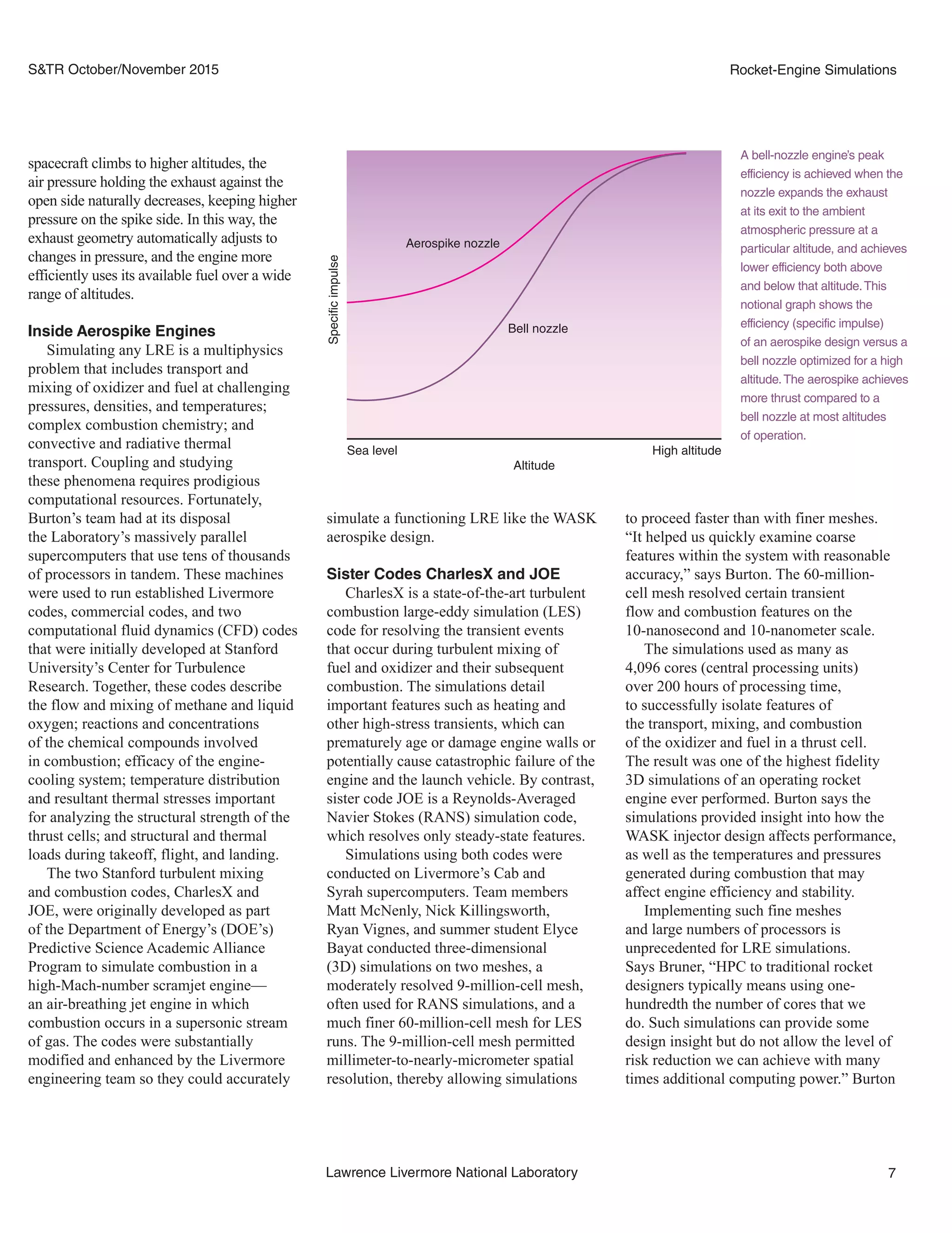 7Lawrence Livermore National Laboratory
Rocket-Engine SimulationsS&TR October/November 2015
to proceed faster than with finer meshes.
“It helped us quickly examine coarse
features within the system with reasonable
accuracy,” says Burton. The 60-million-
cell mesh resolved certain transient
flow and combustion features on the
10-nanosecond and 10-nanometer scale.
The simulations used as many as
4,096 cores (central processing units)
over 200 hours of processing time,
to successfully isolate features of
the transport, mixing, and combustion
of the oxidizer and fuel in a thrust cell.
The result was one of the highest fidelity
3D simulations of an operating rocket
engine ever performed. Burton says the
simulations provided insight into how the
WASK injector design affects performance,
as well as the temperatures and pressures
generated during combustion that may
affect engine efficiency and stability.
Implementing such fine meshes
and large numbers of processors is
unprecedented for LRE simulations.
Says Bruner, “HPC to traditional rocket
designers typically means using one-
hundredth the number of cores that we
do. Such simulations can provide some
design insight but do not allow the level of
risk reduction we can achieve with many
times additional computing power.” Burton
simulate a functioning LRE like the WASK
aerospike design.
Sister Codes CharlesX and JOE
CharlesX is a state-of-the-art turbulent
combustion large-eddy simulation (LES)
code for resolving the transient events
that occur during turbulent mixing of
fuel and oxidizer and their subsequent
combustion. The simulations detail
important features such as heating and
other high-stress transients, which can
prematurely age or damage engine walls or
potentially cause catastrophic failure of the
engine and the launch vehicle. By contrast,
sister code JOE is a Reynolds-Averaged
Navier Stokes (RANS) simulation code,
which resolves only steady-state features.
Simulations using both codes were
conducted on Livermore’s Cab and
Syrah supercomputers. Team members
Matt McNenly, Nick Killingsworth,
Ryan Vignes, and summer student Elyce
Bayat conducted three-dimensional
(3D) simulations on two meshes, a
moderately resolved 9-million-cell mesh,
often used for RANS simulations, and a
much finer 60-million-cell mesh for LES
runs. The 9-million-cell mesh permitted
millimeter-to-nearly-micrometer spatial
resolution, thereby allowing simulations
spacecraft climbs to higher altitudes, the
air pressure holding the exhaust against the
open side naturally decreases, keeping higher
pressure on the spike side. In this way, the
exhaust geometry automatically adjusts to
changes in pressure, and the engine more
efficiently uses its available fuel over a wide
range of altitudes.
Inside Aerospike Engines
Simulating any LRE is a multiphysics
problem that includes transport and
mixing of oxidizer and fuel at challenging
pressures, densities, and temperatures;
complex combustion chemistry; and
convective and radiative thermal
transport. Coupling and studying
these phenomena requires prodigious
computational resources. Fortunately,
Burton’s team had at its disposal
the Laboratory’s massively parallel
supercomputers that use tens of thousands
of processors in tandem. These machines
were used to run established Livermore
codes, commercial codes, and two
computational fluid dynamics (CFD) codes
that were initially developed at Stanford
University’s Center for Turbulence
Research. Together, these codes describe
the flow and mixing of methane and liquid
oxygen; reactions and concentrations
of the chemical compounds involved
in combustion; efficacy of the engine-
cooling system; temperature distribution
and resultant thermal stresses important
for analyzing the structural strength of the
thrust cells; and structural and thermal
loads during takeoff, flight, and landing.
The two Stanford turbulent mixing
and combustion codes, CharlesX and
JOE, were originally developed as part
of the Department of Energy’s (DOE’s)
Predictive Science Academic Alliance
Program to simulate combustion in a
high-Mach-number scramjet engine—
an air-breathing jet engine in which
combustion occurs in a supersonic stream
of gas. The codes were substantially
modified and enhanced by the Livermore
engineering team so they could accurately
A bell-nozzle engine’s peak
efficiency is achieved when the
nozzle expands the exhaust
at its exit to the ambient
atmospheric pressure at a
particular altitude, and achieves
lower efficiency both above
and below that altitude.This
notional graph shows the
efficiency (specific impulse)
of an aerospike design versus a
bell nozzle optimized for a high
altitude.The aerospike achieves
more thrust compared to a
bell nozzle at most altitudes
of operation.
Specificimpulse
High altitudeSea level
Altitude
Aerospike nozzle
Bell nozzle
 