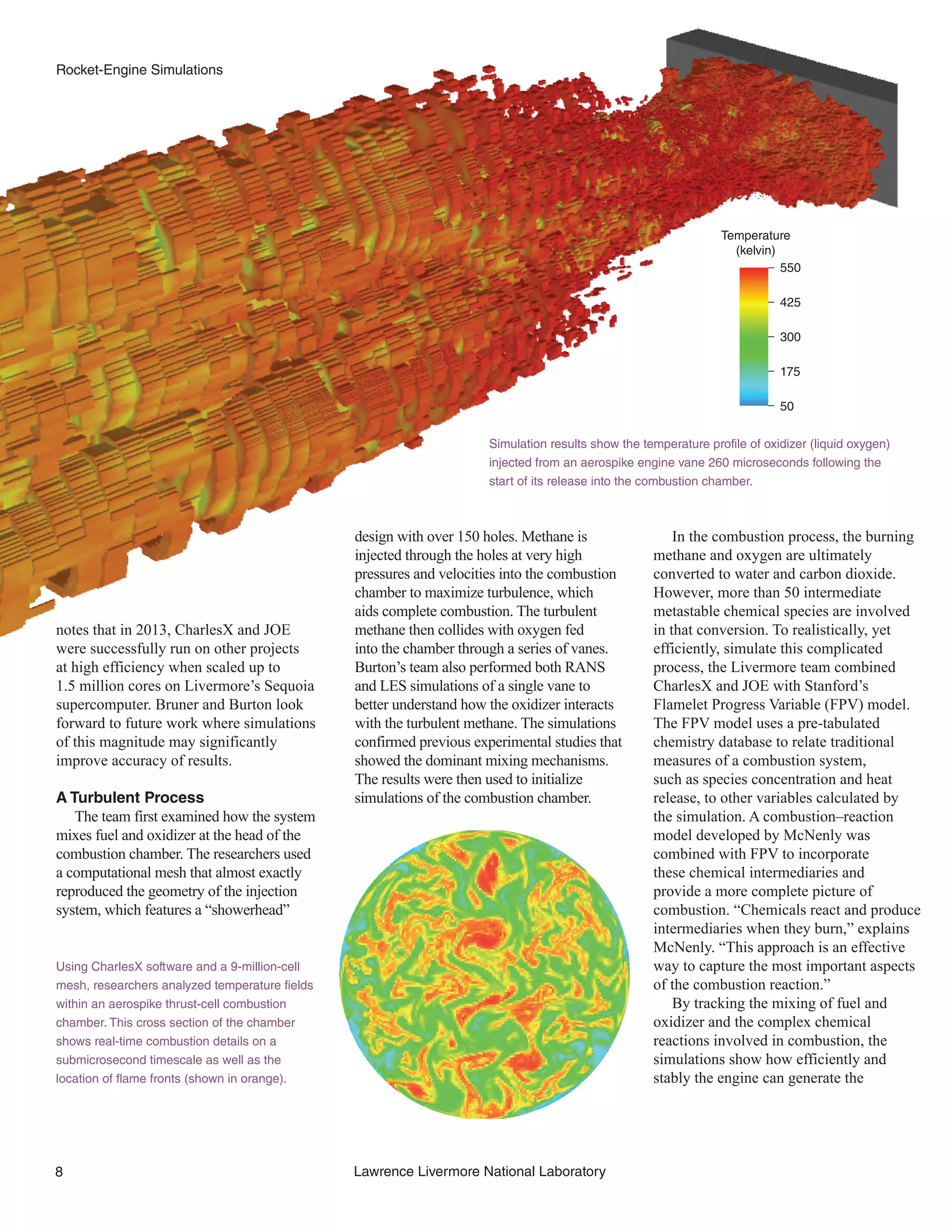 8 Lawrence Livermore National Laboratory
Rocket-Engine Simulations
In the combustion process, the burning
methane and oxygen are ultimately
converted to water and carbon dioxide.
However, more than 50 intermediate
metastable chemical species are involved
in that conversion. To realistically, yet
efficiently, simulate this complicated
process, the Livermore team combined
CharlesX and JOE with Stanford’s
Flamelet Progress Variable (FPV) model.
The FPV model uses a pre-tabulated
chemistry database to relate traditional
measures of a combustion system,
such as species concentration and heat
release, to other variables calculated by
the simulation. A combustion–reaction
model developed by McNenly was
combined with FPV to incorporate
these chemical intermediaries and
provide a more complete picture of
combustion. “Chemicals react and produce
intermediaries when they burn,” explains
McNenly. “This approach is an effective
way to capture the most important aspects
of the combustion reaction.”
By tracking the mixing of fuel and
oxidizer and the complex chemical
reactions involved in combustion, the
simulations show how efficiently and
stably the engine can generate the
design with over 150 holes. Methane is
injected through the holes at very high
pressures and velocities into the combustion
chamber to maximize turbulence, which
aids complete combustion. The turbulent
methane then collides with oxygen fed
into the chamber through a series of vanes.
Burton’s team also performed both RANS
and LES simulations of a single vane to
better understand how the oxidizer interacts
with the turbulent methane. The simulations
confirmed previous experimental studies that
showed the dominant mixing mechanisms.
The results were then used to initialize
simulations of the combustion chamber.
notes that in 2013, CharlesX and JOE
were successfully run on other projects
at high efficiency when scaled up to
1.5 million cores on Livermore’s Sequoia
supercomputer. Bruner and Burton look
forward to future work where simulations
of this magnitude may significantly
improve accuracy of results.
A Turbulent Process
The team first examined how the system
mixes fuel and oxidizer at the head of the
combustion chamber. The researchers used
a computational mesh that almost exactly
reproduced the geometry of the injection
system, which features a “showerhead”
Simulation results show the temperature profile of oxidizer (liquid oxygen)
injected from an aerospike engine vane 260 microseconds following the
start of its release into the combustion chamber.
Using CharlesX software and a 9-million-cell
mesh, researchers analyzed temperature fields
within an aerospike thrust-cell combustion
chamber. This cross section of the chamber
shows real-time combustion details on a
submicrosecond timescale as well as the
location of flame fronts (shown in orange).
Temperature
(kelvin)
550
425
300
175
50
 