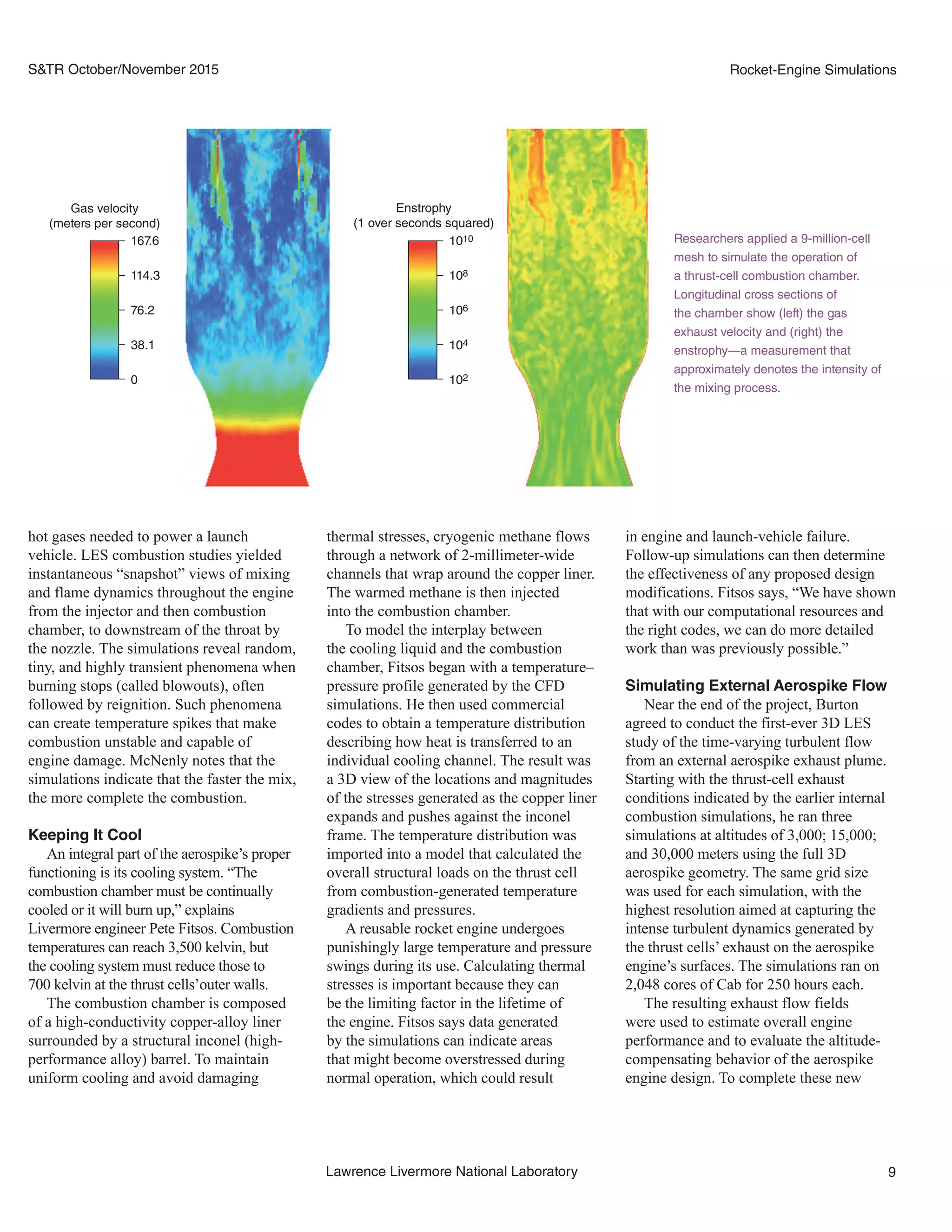 9Lawrence Livermore National Laboratory
Rocket-Engine SimulationsS&TR October/November 2015
in engine and launch-vehicle failure.
Follow-up simulations can then determine
the effectiveness of any proposed design
modifications. Fitsos says, “We have shown
that with our computational resources and
the right codes, we can do more detailed
work than was previously possible.”
Simulating External Aerospike Flow
Near the end of the project, Burton
agreed to conduct the first-ever 3D LES
study of the time-varying turbulent flow
from an external aerospike exhaust plume.
Starting with the thrust-cell exhaust
conditions indicated by the earlier internal
combustion simulations, he ran three
simulations at altitudes of 3,000; 15,000;
and 30,000 meters using the full 3D
aerospike geometry. The same grid size
was used for each simulation, with the
highest resolution aimed at capturing the
intense turbulent dynamics generated by
the thrust cells’ exhaust on the aerospike
engine’s surfaces. The simulations ran on
2,048 cores of Cab for 250 hours each.
The resulting exhaust flow fields
were used to estimate overall engine
performance and to evaluate the altitude-
compensating behavior of the aerospike
engine design. To complete these new
thermal stresses, cryogenic methane flows
through a network of 2-millimeter-wide
channels that wrap around the copper liner.
The warmed methane is then injected
into the combustion chamber.
To model the interplay between
the cooling liquid and the combustion
chamber, Fitsos began with a temperature–
pressure profile generated by the CFD
simulations. He then used commercial
codes to obtain a temperature distribution
describing how heat is transferred to an
individual cooling channel. The result was
a 3D view of the locations and magnitudes
of the stresses generated as the copper liner
expands and pushes against the inconel
frame. The temperature distribution was
imported into a model that calculated the
overall structural loads on the thrust cell
from combustion-generated temperature
gradients and pressures.
A reusable rocket engine undergoes
punishingly large temperature and pressure
swings during its use. Calculating thermal
stresses is important because they can
be the limiting factor in the lifetime of
the engine. Fitsos says data generated
by the simulations can indicate areas
that might become overstressed during
normal operation, which could result
hot gases needed to power a launch
vehicle. LES combustion studies yielded
instantaneous “snapshot” views of mixing
and flame dynamics throughout the engine
from the injector and then combustion
chamber, to downstream of the throat by
the nozzle. The simulations reveal random,
tiny, and highly transient phenomena when
burning stops (called blowouts), often
followed by reignition. Such phenomena
can create temperature spikes that make
combustion unstable and capable of
engine damage. McNenly notes that the
simulations indicate that the faster the mix,
the more complete the combustion.
Keeping It Cool
An integral part of the aerospike’s proper
functioning is its cooling system. “The
combustion chamber must be continually
cooled or it will burn up,” explains
Livermore engineer Pete Fitsos. Combustion
temperatures can reach 3,500 kelvin, but
the cooling system must reduce those to
700 kelvin at the thrust cells’outer walls.
The combustion chamber is composed
of a high-conductivity copper-alloy liner
surrounded by a structural inconel (high-
performance alloy) barrel. To maintain
uniform cooling and avoid damaging
Researchers applied a 9-million-cell
mesh to simulate the operation of
a thrust-cell combustion chamber.
Longitudinal cross sections of
the chamber show (left) the gas
exhaust velocity and (right) the
enstrophy—a measurement that
approximately denotes the intensity of
the mixing process.
Gas velocity
(meters per second)
167.6
114.3
76.2
38.1
0
Enstrophy
(1 over seconds squared)
1010
108
106
104
102
 