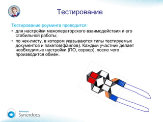 Тестирование
:Тестирование роуминга проводится
• для настройки межоператорского взаимодействия и его
;стабильной работы
• - ,по чек листу в котором указываются типы тестируемых
( ).документов и пакетов файлов Каждый участник делает
( , ),необходимые настройки ПО сервер после чего
.производится обмен
 