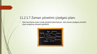 11.2.1.7 Zaman yönetimi çizelgesi planı
• Risk tanımlama süreci, proje yönetimi planında yer alan zaman çizelgesi yönetimi
planı anlaşılmış olmasını gerektirir.
 