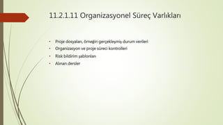 11.2.1.11 Organizasyonel Süreç Varlıkları
• Proje dosyaları, örneğin gerçekleşmiş durum verileri
• Organizasyon ve proje süreci kontrolleri
• Risk bildirim şablonları
• Alınan dersler
 