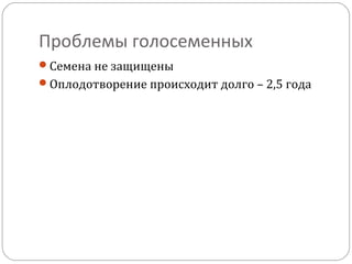 Проблемы голосеменных
Семена не защищены
Оплодотворение происходит долго – 2,5 года
 