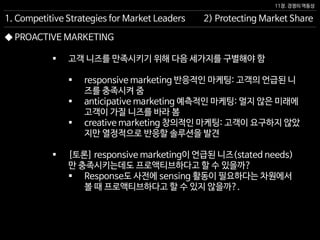 11장. 경쟁의 역동성
◆ PROACTIVE MARKETING
 고객 니즈를 만족시키기 위해 다음 세가지를 구별해야 함
 responsive marketing 반응적인 마케팅: 고객의 언급된 니
즈를 충족시켜 줌
 anticipative marketing 예측적인 마케팅: 멀지 않은 미래에
고객이 가질 니즈를 바라 봄
 creative marketing 창의적인 마케팅: 고객이 요구하지 않았
지만 열정적으로 반응할 솔루션을 발견
 [토론] responsive marketing이 언급된 니즈(stated needs)
만 충족시키는데도 프로액티브하다고 할 수 있을까?
 Response도 사전에 sensing 활동이 필요하다는 차원에서
볼 때 프로액티브하다고 할 수 있지 않을까?.
2) Protecting Market Share1. Competitive Strategies for Market Leaders
 