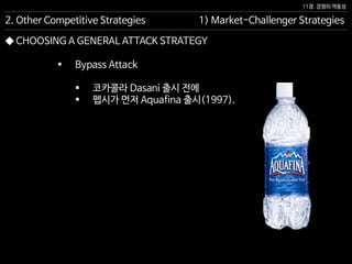 11장. 경쟁의 역동성
◆ CHOOSING A GENERAL ATTACK STRATEGY
 Bypass Attack
 코카콜라 Dasani 출시 전에
 펩시가 먼저 Aquafina 출시(1997).
1) Market-Challenger Strategies2. Other Competitive Strategies
 