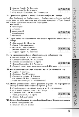 УКРАЇНСЬКАЛІТЕРАТУРА
57
ДЕРЖАВНАПІДСУМКОВААТЕСТАЦІЯ
C	«Маруся Чурай» Л. Костенко
D	 «Вершники» Ю. Яновського
E	«Три зозулі з поклоном» Гр. Тютюнника
19.	Прочитайте уривок із твору «Залізний острів» О. Гончара.
Вже бомбили, і ще бомбитимуть – бомбитимуть, доки не розбомб-
лять, доки не буде виконана вся військова програма! ...Через деякий
час почули гуркіт над полігоном. І ще гуркіт.
Цей епізод є
A	експозицією
B	зав’язкою
C	розвитком дії
D	 кульмінацією
E	розв’язкою
20.	 Софія Київська як історична пам’ятка та художній символ наявні
у творі
A	«Дім на горі» В. Шевчука
B	«Диво» П. Загребельного
C	«Місто» В. Підмогильного
D	 «За мить щастя» О. Гончара
E	«Маруся Чурай» Л. Костенко
21.	На протиставленні двох образів-символів побудовано твір
A	«Молюсь і вірю...» М. Рильського
B	«Стилет чи стилос?..» Є. Маланюка
C	«Балада про соняшник» І. Драча
D	 «Зелена Євангелія» Б.-І. Антонича
E	«Страшні слова, коли вони мовчать...» Л. Костенко
*22.	Соціально-психологічною повістю з життя інтелігенції є твір
A	«Марія» У. Самчука
B	«Бояриня» Лесі Українки
C	«Перехресні стежки» І. Франка
D	 «На камені» М. Коцюбинського
E	«Valse melancholique» О. Кобилянської
*23.	Мотив усвідомлення свого родового коріння та нерозривного
зв’язку з малою батьківщиною звучить у творі
A	«Сеньйорито акаціє, добрий вечір...» М. Вінграновського
B	«Білі акації будуть цвісти...» В. Сосюри
C	«Солодкий світ!..» М. Рильського
D	 «Лист до калини...» І. Драча
E	«Вишні» Б.-І. Антонича
*24.	Василь Голобородько, Микола Воробйов, Віктор Кордун належать до
A	поетів-«шістдесятників»
B	«празької школи» поетів
А Б В Г Д
А Б В Г Д
А Б В Г Д
А Б В Г Д
А Б В Г Д
А Б В Г Д
 