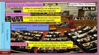 ανήκω ή υποστηρίζω την κυβερνητική
ή την πλειοψηφούσα παράταξη
το σύνολο των βουλευτών που ανήκουν
στην κυβερνητική παράταξη
αυτός που κατοικεί στην ίδια πόλη ή που κατάγεται
από την ίδια πόλη με άλλον ή με άλλους.
 