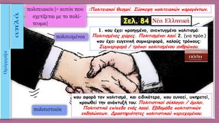 :Πολιτειακοί θεσμοί. Σύσκεψη πολιτειακών παραγόντων.
1. που έχει προηγμένο, ανεπτυγμένο πολιτισμό:
Πολιτισμένες χώρες. Πολιτισμένοι λαοί. 2. (για πρόσ.)
που έχει ευγενική συμπεριφορά, καλούς τρόπους:
Συμπεριφορά / τρόποι πολιτισμένου ανθρώπου.
που αφορά τον πολιτισμό, και ειδικότερα, που ευνοεί, υπηρετεί,
προωθεί την ανάπτυξή του: Πολιτιστικοί σύλλογοι / όμιλοι.
Πολιτιστικό επίπεδο ενός λαού. Εβδομάδα πολιτιστικών
εκδηλώσεων. Δραστηριότητες πολιτιστικού περιεχομένου.
 