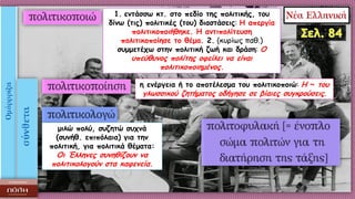 1. εντάσσω κτ. στο πεδίο της πολιτικής, του
δίνω (τις) πολιτικές (του) διαστάσεις: H απεργία
πολιτικοποιήθηκε. H αντιπολίτευση
πολιτικοποίησε το θέμα. 2. (κυρίως παθ.)
συμμετέχω στην πολιτική ζωή και δράση: Ο
υπεύθυνος πολίτης οφείλει να είναι
πολιτικοποιημένος.
η ενέργεια ή το αποτέλεσμα του πολιτικοποιώ: H ~ του
γλωσσικού ζητήματος οδήγησε σε βίαιες συγκρούσεις.
μιλώ πολύ, συζητώ συχνά
(συνήθ. επιπόλαια) για την
πολιτική, για πολιτικά θέματα:
Οι Έλληνες συνηθίζουν να
πολιτικολογούν στα καφενεία.
 