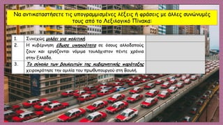 Να αντικαταστήσετε τις υπογραμμισμένες λέξεις ή φράσεις με άλλες συνώνυμές
τους από το Λεξιλογικό Πίνακα:
 
