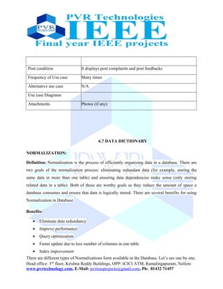Post condition It displays post complaints and post feedbacks
Frequency of Use case Many times
Alternative use case N/A
Use case Diagrams
Attachments Photos (if any)
6.7 DATA DICTIONARY
NORMALIZATION:
Definition: Normalization is the process of efficiently organizing data in a database. There are
two goals of the normalization process: eliminating redundant data (for example, storing the
same data in more than one table) and ensuring data dependencies make sense (only storing
related data in a table). Both of these are worthy goals as they reduce the amount of space a
database consumes and ensure that data is logically stored. There are several benefits for using
Normalization in Database.
Benefits:
• Eliminate data redundancy
• Improve performance
• Query optimization
• Faster update due to less number of columns in one table
• Index improvement
There are different types of Normalizations form available in the Database. Let’s see one by one.
Head office: 3nd
floor, Krishna Reddy Buildings, OPP: ICICI ATM, Ramalingapuram, Nellore
www.pvrtechnology.com, E-Mail: pvrieeeprojects@gmail.com, Ph: 81432 71457
 