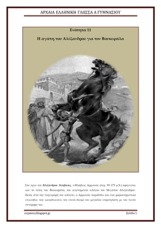 ΑΡΧΑΙΑ ΕΛΛΗΝΙΚΗ ΓΛΩΣΣΑ Α ΓΥΜΝΑΣΙΟΥ
evpatera.blogspot.gr Σελίδα 1
Ενότητα 11
Η αγάπη του Αλέξανδρου για τον Βουκεφάλα
Στο έργο του Ἀλεξάνδρου Ἀνάβασις, ο Φλάβιος Αρριανός (περ. 95-175 μ.Χ.) αφηγείται
και το τέλος του Βουκεφάλα, του αγαπημένου αλόγου του Μεγάλου Αλεξάνδρου.
Εκτός από την περιγραφή του αλόγου, ο Αρριανός παραδίδει και ένα χαρακτηριστικό
επεισόδιο που καταδεικνύει τον στενό δεσμό του μεγάλου στρατηλάτη με τον πιστό
σύντροφό του.
 