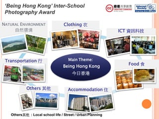 Main Theme:
Being Hong Kong
今日香港
Food 食
Clothing 衣NATURAL ENVIRONMENT
自然環境
Others 其他 Accommodation 住
Transportation 行
ICT ...