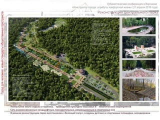 Реконструкция Центрального парка культуры и отдыха в г. Воронеже
- Уникальное место отдыха и туризма, проведения культурно-массовых и тематический мероприятий
- Сеть взаимосвязанных ландшафтных, познавательных, рекреационных и спортивных зон
- В рамках реконструкции парка восстановлен «Зеленый театр», созданы детские и спортивные площадки, велодорожки
Реконструкция Центрального парка