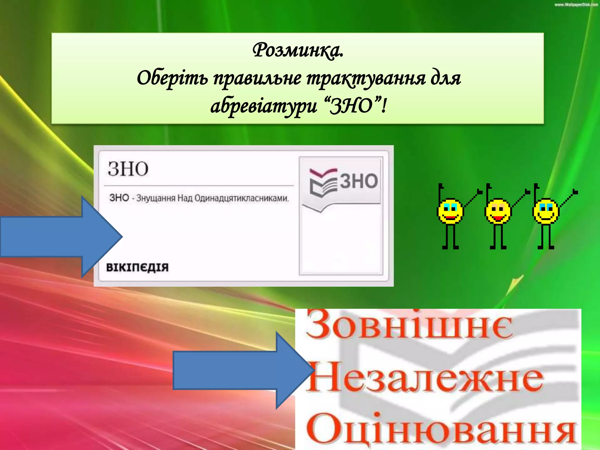 Розминка.
Оберіть правильне трактування для
абревіатури “ЗНО”!
 