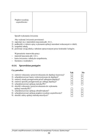 „Projekt współfinansowany ze środków Europejskiego Funduszu Społecznego”
32
Prądem wysokiej
częstotliwości
Sposób wykonania ćwiczenia
Aby wykonać ćwiczenie powinieneś:
1) zapoznać się z materiałem nauczania pkt. 4.4.1,
2) podkreślić w tekście opisy wykonania epilacji metodami wskazanymi w tabeli,
3) uzupełnić tabelę,
4) porównać swoją tabelę z tabelami opracowanymi przez koleżanki/ kolegów.
Wyposażenie stanowiska pracy:
− materiał nauczania pkt. 4.4.1,
− karta ćwiczenia z tabelą do uzupełnienia,
− literatura z rozdziału 6.
4.4.4. Sprawdzian postępów
Czy potrafisz:
Tak Nie
1) omówić wskazania i przeciwwskazania do depilacji laserowej?
2) scharakteryzować lasery wykorzystywane do depilacji?
3) omówić zasady postępowania przed zabiegiem depilacji?
4) omówić sposoby postępowania po zabiegu depilacji?
5) scharakteryzować epilację metodą IPL?
6) określić wskazania i przeciwwskazania do wykonania
epilacji metodą IPL?
7) scharakteryzować epilację ultradźwiękami?
8) scharakteryzować epilację prądem wysokiej częstotliwości?
9) określić zalety epilacji metodą microlysis?
 