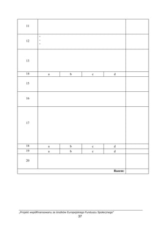 „Projekt współfinansowany ze środków Europejskiego Funduszu Społecznego”
37
11
12
-
-
-
13
14 a b c d
15
16
17
18 a b c d
19 a b c d
20
Razem:
 