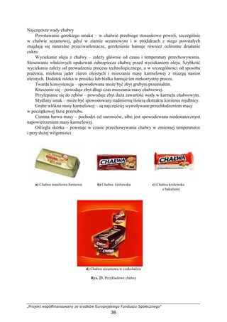 „Projekt współfinansowany ze środków Europejskiego Funduszu Społecznego”
36
Najczęstsze wady chałwy
Powstawanie gorzkiego smaku – w chałwie przebiega stosunkowo powoli, szczególnie
w chałwie sezamowej, gdyŜ w ziarnie sezamowym i w produktach z niego powstałych
znajdują się naturalne przeciwutleniacze, gorzknienie hamuje równieŜ ochronne działanie
cukru.
Wyciekanie oleju z chałwy – zaleŜy głównie od czasu i temperatury przechowywania.
Stosowanie właściwych opakowań zabezpiecza chałwę przed wyciekaniem oleju. Szybkość
wyciekania zaleŜy od prowadzenia procesu technologicznego, a w szczególności od sposobu
praŜenia, mielenia jąder ziaren oleistych i mieszania masy karmelowej z miazgą nasion
oleistych. Dodatek mleka w proszku lub białka hamuje ten niekorzystny proces.
Twarda konsystencja – spowodowana moŜe być zbyt grubym przemiałem.
Kruszenie się – powoduje zbyt długi czas mieszania masy chałwowej.
Przylepianie się do zębów – powoduje zbyt duŜa zawartość wody w karmelu chałwowym.
Mydlany smak – moŜe być spowodowany nadmierną ilością ekstraktu korzenia mydlnicy.
Grube włókna masy karmelowej – są najczęściej wywoływane przechłodzeniem masy
w początkowej fazie przerobu.
Ciemna barwa masy – pochodzi od surowców, albo jest spowodowana niedostatecznym
napowietrzeniem masy karmelowej.
Oślizgła skórka – powstaje w czasie przechowywania chałwy w zmiennej temperaturze
i przy duŜej wilgotności.
a) Chałwa waniliowa formowa b) Chałwa królewska c) Chałwa królewska
z bakaliami
d) Chałwa sezamowa w czekoladzie
Rys. 23. Przykładowe chałwy
 