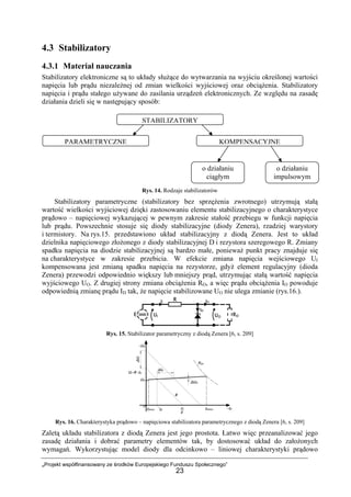 „Projekt współfinansowany ze środków Europejskiego Funduszu Społecznego”
23
4.3 Stabilizatory
4.3.1 Materiał nauczania
Stabilizatory elektroniczne są to układy służące do wytwarzania na wyjściu określonej wartości
napięcia lub prądu niezależnej od zmian wielkości wyjściowej oraz obciążenia. Stabilizatory
napięcia i prądu stałego używane do zasilania urządzeń elektronicznych. Ze względu na zasadę
działania dzieli się w następujący sposób:
Rys. 14. Rodzaje stabilizatorów
Stabilizatory parametryczne (stabilizatory bez sprzężenia zwrotnego) utrzymują stałą
wartość wielkości wyjściowej dzięki zastosowaniu elementu stabilizacyjnego o charakterystyce
prądowo – napięciowej wykazującej w pewnym zakresie stałość przebiegu w funkcji napięcia
lub prądu. Powszechnie stosuje się diody stabilizacyjne (diody Zenera), rzadziej warystory
i termistory. Na rys.15. przedstawiono układ stabilizacyjny z diodą Zenera. Jest to układ
dzielnika napięciowego złożonego z diody stabilizacyjnej D i rezystora szeregowego R. Zmiany
spadku napięcia na diodzie stabilizacyjnej są bardzo małe, ponieważ punkt pracy znajduje się
na charakterystyce w zakresie przebicia. W efekcie zmiana napięcia wejściowego UI
kompensowana jest zmianą spadku napięcia na rezystorze, gdyż element regulacyjny (dioda
Zenera) przewodzi odpowiednio większy lub mniejszy prąd, utrzymując stałą wartość napięcia
wyjściowego UO. Z drugiej strony zmiana obciążenia RO, a więc prądu obciążenia IO powoduje
odpowiednią zmianę prądu ID tak, że napięcie stabilizowane UO nie ulega zmianie (rys.16.).
Rys. 15. Stabilizator parametryczny z diodą Zenera [6, s. 209]
Rys. 16. Charakterystyka prądowo – napięciowa stabilizatora parametrycznego z diodą Zenera [6, s. 209]
Zaletą układu stabilizatora z diodą Zenera jest jego prostota. Łatwo więc przeanalizować jego
zasadę działania i dobrać parametry elementów tak, by dostosować układ do założonych
wymagań. Wykorzystując model diody dla odcinkowo – liniowej charakterystyki prądowo
STABILIZATORY
PARAMETRYCZNE KOMPENSACYJNE
o działaniu
ciągłym
o działaniu
impulsowym
 