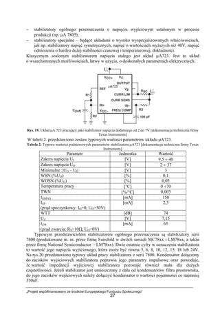 „Projekt współfinansowany ze środków Europejskiego Funduszu Społecznego”
27
− stabilizatory ogólnego przeznaczenia o napięciu wyjściowym ustalonym w procesie
produkcji (np. µA 7805),
− stabilizatory specjalne – będące układami o wysoko wyspecjalizowanych właściwościach,
jak np. stabilizatory napięć symetrycznych, napięć o wartościach wyższych niż 40V, napięć
odniesienia o bardzo dużej stabilności czasowej i temperaturowej, dokładności.
Klasycznym scalonym stabilizatorem napięcia stałego jest układ µA723. Jest to układ
o wszechstronnych możliwościach, łatwy w użyciu, o doskonałych parametrach elektrycznych.
Rys. 19. Układ µA 723 pracujący jako stabilizator napięcia dodatniego od 2 do 7V [dokumentacja techniczna firmy
Texas Instruments]
W tabeli 2. przedstawiono zestaw typowych wartości parametrów układu µA723.
Tabela 2. Typowe wartości podstawowych parametrów stabilizatora µA723 [dokumentacja techniczna firmy Texas
Instruments]
Parametr Jednostka Wartość
Zakres napięcia UI [V] 9,5 ÷ 40
Zakres napięcia UO [V] 2 ÷ 37
Minimalne :|UO – UI| [V] 3
WSN (%UO) [%] 0,1
WOSN (%UO) [%] 0,03
Temperatura pracy [°C] 0 ÷70
TWN [%/°C] 0,003
IOMAX [mA] 150
ISP
(prąd spoczynkowy: IO=0, UO=30V)
[mA] 2,3
WTT [dB] 74
UZ [V] 7,15
IZW
(prąd zwarcia: RS=10Ω, UO=0V)
[mA] 65
Typowym przedstawicielem stabilizatorów ogólnego przeznaczenia są stabilizatory serii
7800 (produkowane m. in. przez firmę Fairchild w dwóch seriach MC78xx i LM78xx, a także
przez firmę National Semiconductor - LM78xx). Dwie ostatnie cyfry w oznaczeniu stabilizatora
to wartość jego napięcia wyjściowego, która może być równa 5, 6, 8, 10, 12, 15, 18 lub 24V.
Na rys.20 przedstawiono typowy układ pracy stabilizatora z serii 7800. Kondensator dołączony
do zacisków wyjściowych stabilizatora poprawia jego parametry impulsowe oraz powoduje,
że wartość impedancji wyjściowej stabilizatora pozostaje również mała dla dużych
częstotliwości. Jeżeli stabilizator jest umieszczony z dala od kondensatorów filtru prostownika,
do jego zacisków wejściowych należy dołączyć kondensator o wartości pojemności co najmniej
330nF.
 