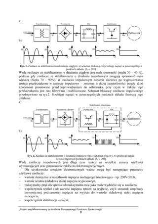 „Projekt współfinansowany ze środków Europejskiego Funduszu Społecznego”
8
a)
b)
Rys. 1. Zasilacz ze stabilizatorem o działaniu ciągłym: a) schemat blokowy, b) przebiegi napięć w poszczególnych
punktach układu. [6, s. 201]
Wadą zasilaczy ze stabilizatorem o działaniu ciągłym jest mała sprawność (rzędu 30 – 40 %),
podczas gdy zasilacze ze stabilizatorem o działaniu impulsowym osiągają sprawność dużo
większą (rzędu 70 – 90%). W zasilaczu impulsowym napięcie sieciowe po wyprostowaniu
zostaje przekształcone w napięcie impulsowo – zmienne o dużej częstotliwości (rzędu kHz)
i ponownie prostowane przed doprowadzeniem do odbiornika, przy czym w trakcie tego
przekształcenia jest ono filtrowane i stabilizowane. Schemat blokowy zasilacza impulsowego
przedstawiono na rys.2. Przebiegi napięć w poszczególnych punktach układu ilustrują jego
działanie.
a)
b)
Rys. 2. Zasilacz ze stabilizatorem o działaniu impulsowym: a) schemat blokowy, b) przebiegi napięć
w poszczególnych punktach układu. [6, s. 201]
Wadą zasilaczy impulsowych jest długi czas reakcji na wszelkie zmiany wielkości
wymuszających oraz generowanie zakłóceń elektromagnetycznych.
Dla użytkownika urządzeń elektronicznych ważne mogą być następujące parametry
użytkowe zasilaczy:
− wartość skuteczna i częstotliwość napięcia zasilającego (sieciowego) – np. 230V/50Hz,
− wartość średnia (składowa stała) napięcia wyjściowego,
− maksymalny prąd obciążenia lub maksymalna moc jaka może wydzielić się w zasilaczu,
− współczynnik tętnień (lub wartość napięcia tętnień na wyjściu), czyli stosunek amplitudy
harmonicznej podstawowej napięcia na wyjściu do wartości składowej stałej napięcia
na wyjściu,
− współczynnik stabilizacji napięcia,
 