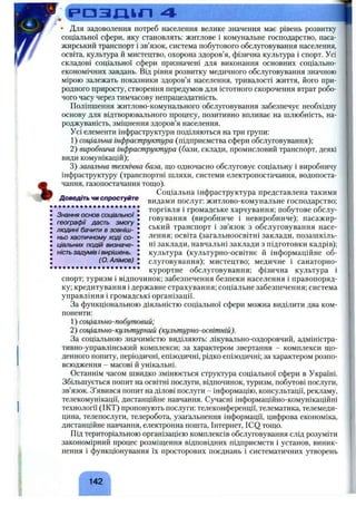 ; ( р о з т о І 5
% Доведіть чи спростуйте
• Для задоволення потреб населення велике значення має рівень розвитку
соціальної сфери, яку становлять: житлове і комунальне господарство, паса­
жирський транспорт і зв’язок, система побутового обслуговування населення,
освіта, культура й мистецтво, охорона здоров’я, фізична культура і спорт. Усі
складові соціальної сфери призначені для виконання основних соціально-
економічних завдань. Від рівня розвитку медичного обслуговування значною
мірою залежать показники здоров’я населення, тривалості життя, його при­
родного приросту, створення передумов для істотного скорочення втрат робо­
чого часу через тимчасову непрацездатність.
Поліпшення житлово-комунального обслуговування забезпечує необхідну
основу для відтворювального процесу, позитивно впливає на шлюбність, на­
роджуваність, зміцнення здоров’я населення.
Усі елементи інфраструктури поділяються на три групи:
1 ) соціальна інфраструктура (підприємства сфери обслуговування);
2 ) виробнича інфраструктура (бази, склади, промисловий транспорт, деякі
види комунікацій);
3) загальна технічна база, що одночасно обслуговує соціальну і виробничу
інфраструктуру (транспортні шляхи, системи електропостачання, водопоста­
чання, газопостачання тощо).
Соціальна інфраструктура представлена такими
видами послуг: житлово-комунальне господарство;
торгівля і громадське харчування; побутове обслу­
говування (виробниче і невиробниче); пасажир­
ський транспорт і зв’язок з обслуговування насе­
лення; освіта (загальноосвітні заклади, позашкіль­
ні заклади, навчальні заклади з підготовки кадрів);
культура (культурно-освітнє й інформаційне об­
слуговування); мистецтво; медичне і санаторно-
курортне обслуговування; фізична культура і
спорт; туризм і відпочинок; забезпечення безпеки населення і правопоряд­
ку; кредитування і державне страхування; соціальне забезпечення; система
управління і громадські організації.
За функціональною діяльністю соціальної сфери можна виділити два ком­
поненти:
1 ) соціально-побутовий;
2 ) соціально-культурний (культурно-освітній).
За соціальною значимістю виділяють: лікувально-оздоровчий, адміністра­
тивно-управлінський комплекси; за характером звертання - комплекси що­
денного попиту, періодичні, епізодичні, рідко епізодичні; за характером розпо­
всюдження - масові й унікальні.
Останнім часом швидко змінюється структура соціальної сфери в Україні.
Збільшується попит на освітні послуги, відпочинок, туризм, побутові послуги,
зв’язок. З’явився попит на ділові послуги - інформацію, консультації, рекламу,
телекомунікації, дистанційне навчання. Сучасні інформаційно-комунікаційні
технології (ІКТ) пропонують послуги: телеконференції, телематика, телемеди-
цина, телепослуги, телеробота, узагальнення інформації, цифрова економіка,
дистанційне навчання, електронна пошта, Інтернет, ICQтoщo.
Під територіальною організацією комплексів обслуговування слід розуміти
закономірний процес розміщення відповідних підприємств і установ, виник­
нення і функціонування їх просторових поєднань і систематичних утворень
Знання основ соціальної
географії дасть змогу
людині бачити в зовніш­
ньо хаотичному ході со­
ціальних подій визначе­
ність задумів і вирішень.
(О. Алімов)
 